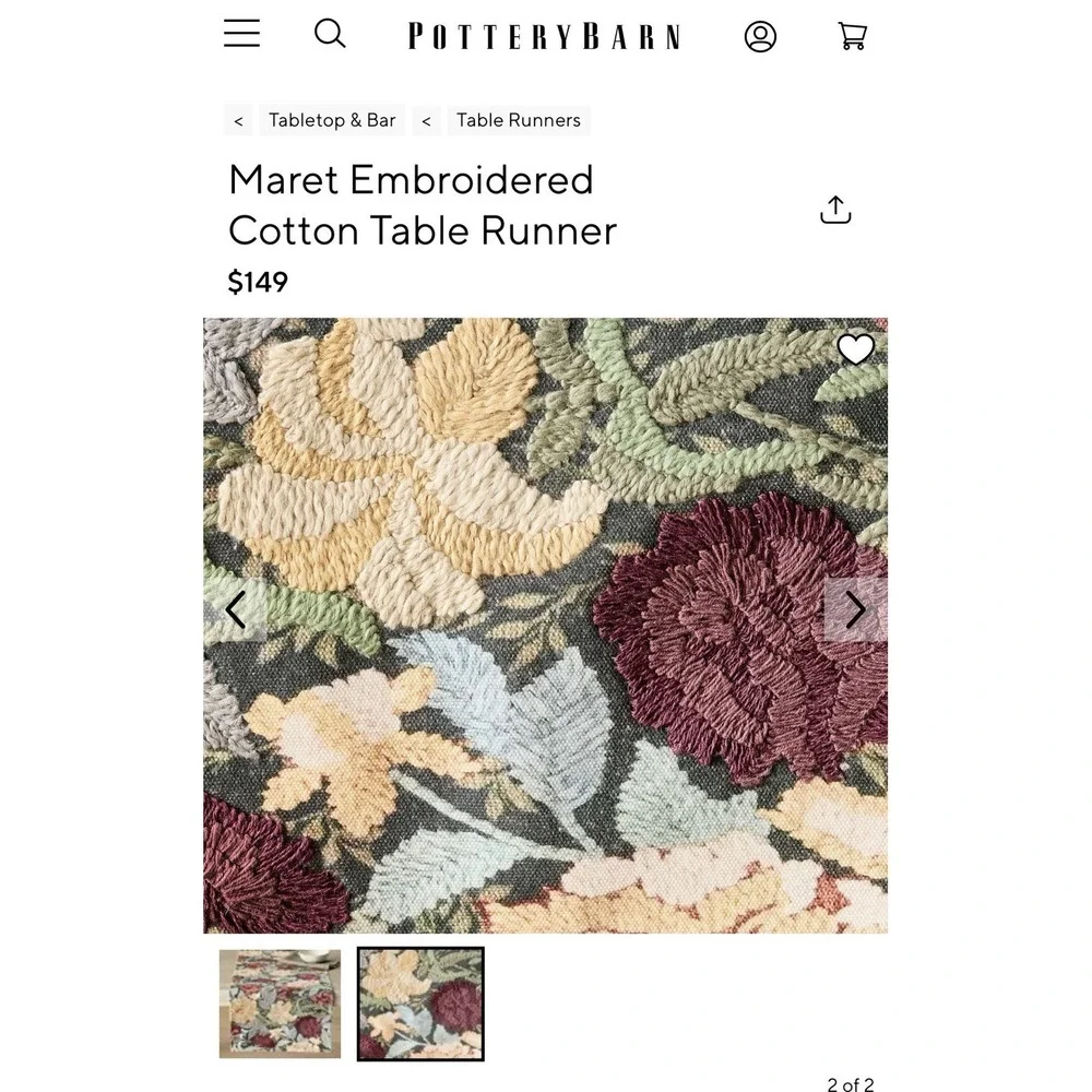 Pottery Barn Maret Embroidered Cotton Table Runner 18